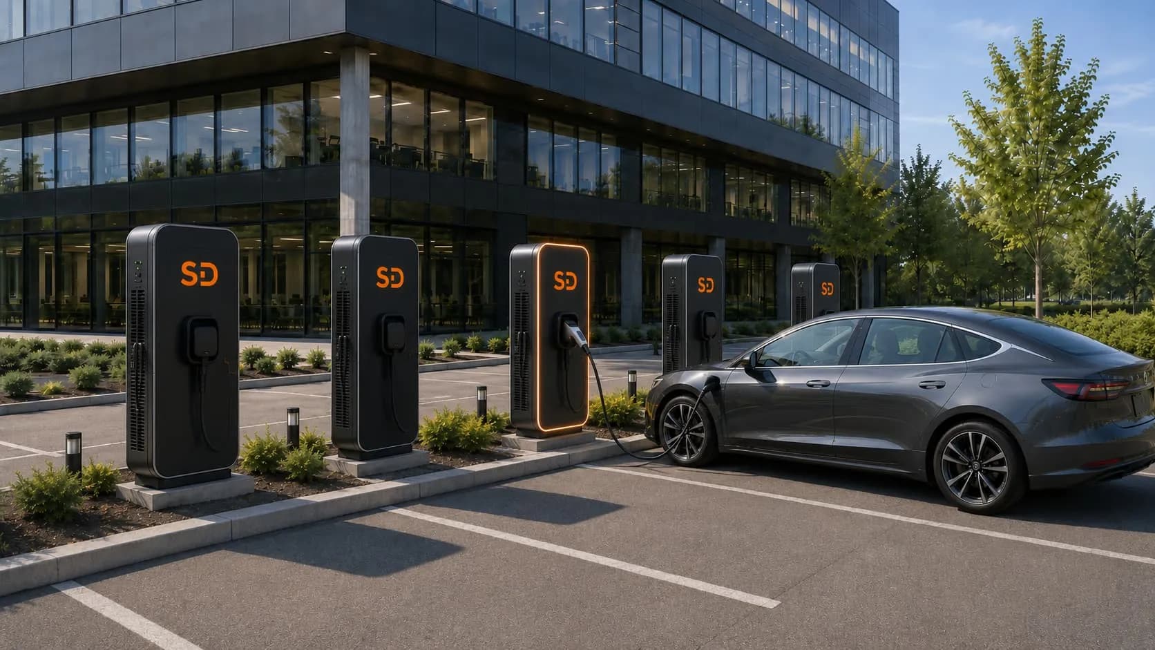 Същият паркинг с редица зарядни станции SunDrive и зареждащ се електромобил